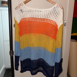 Striped Open-Knit Scoop-Neck Sweater in White, Orange, Yellow, Blue, Navy